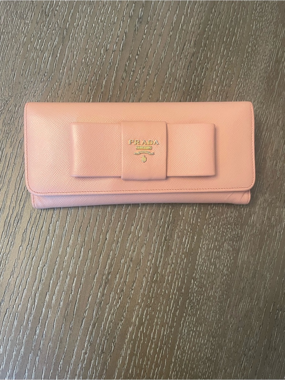 Prada Bow Accent Saffiano Leather Wallet in Light Pink Authentic